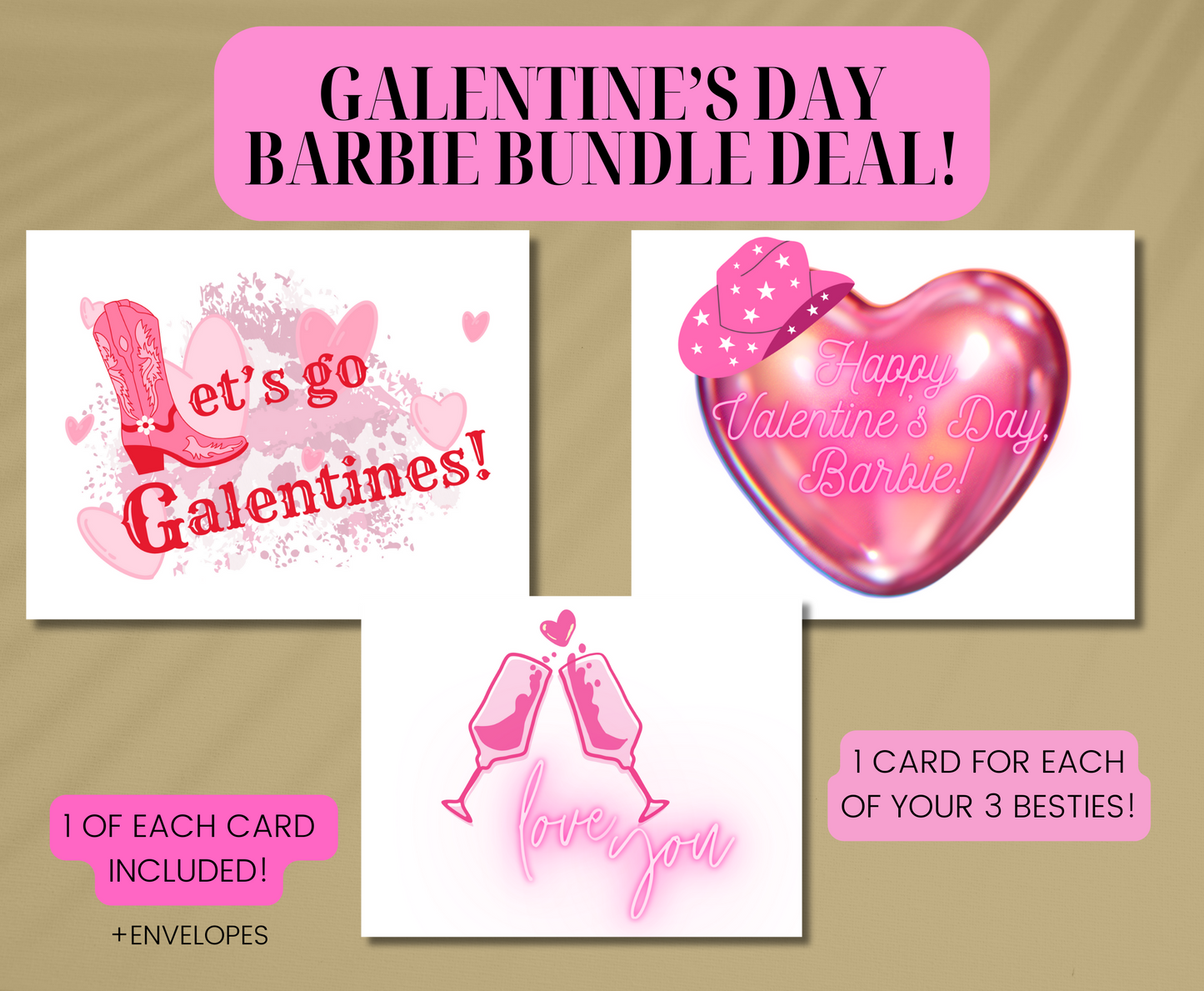 Galentine's Day Barbie Pink 3 Card Bundle For Valentine's Day