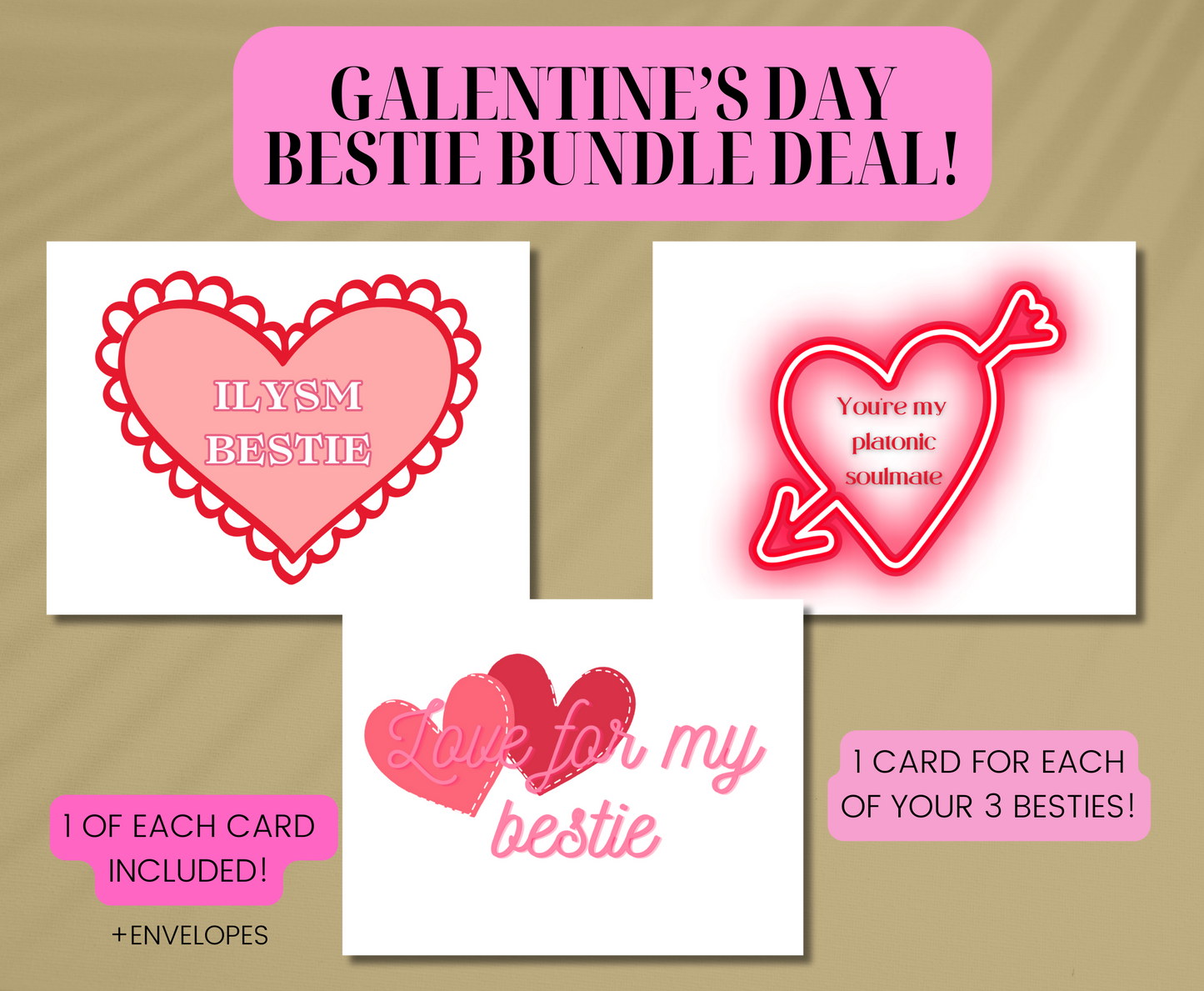 Valentine's Day Bestie 3 Card Bundle For Platonic Friends Siblings Kids