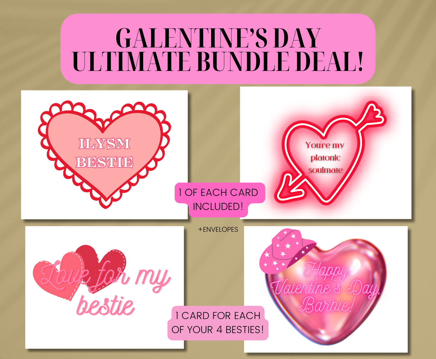 Ultimate Galentine's Day 4 Card Bundle For Platonic Friends Siblings Kids