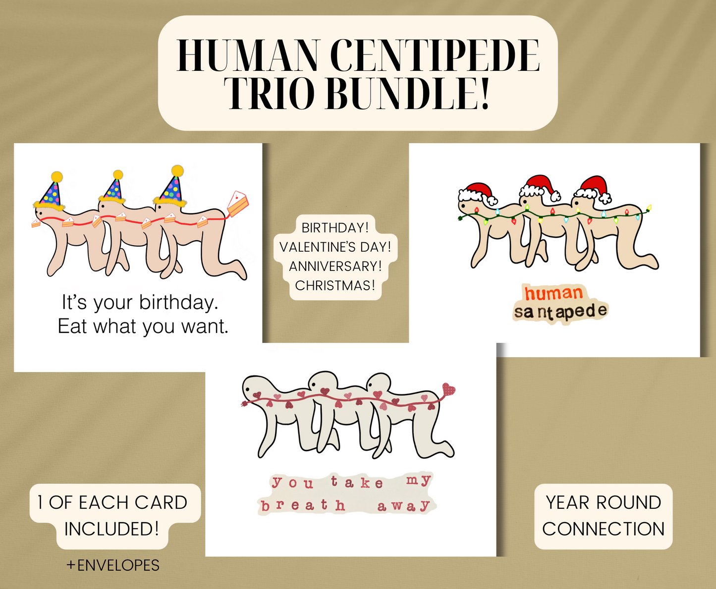 Human Centipede Santapede Funny Birthday Valentine Anniversary Christmas Holiday 3 Card Bundle