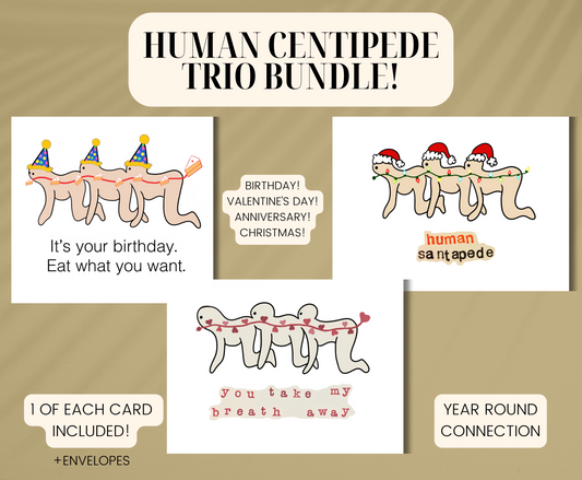 Human Centipede Santapede Funny Birthday Valentine Anniversary Christmas Holiday 3 Card Bundle