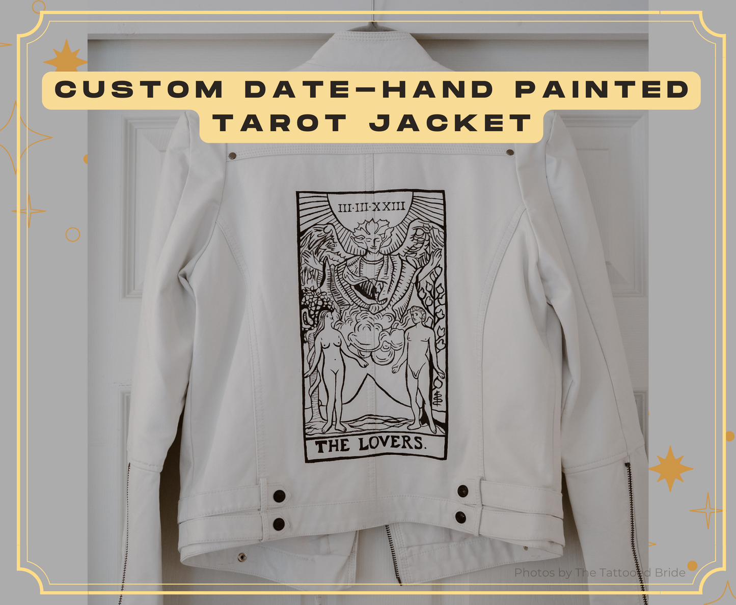 The Lovers Tarot Bridal Leather/Faux Leather Hand Painted Jacket With CUSTOM DATE for Weddings Bachelorette Events