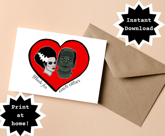 INSTANT DOWNLOAD! Print At Home! Bride Of and Frankenstein Monster Love Anniversary Wedding Engagement Card