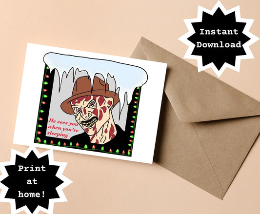 INSTANT DOWNLOAD! Print At Home! Festive Freddy Kreuger Funny Horror Holiday Card