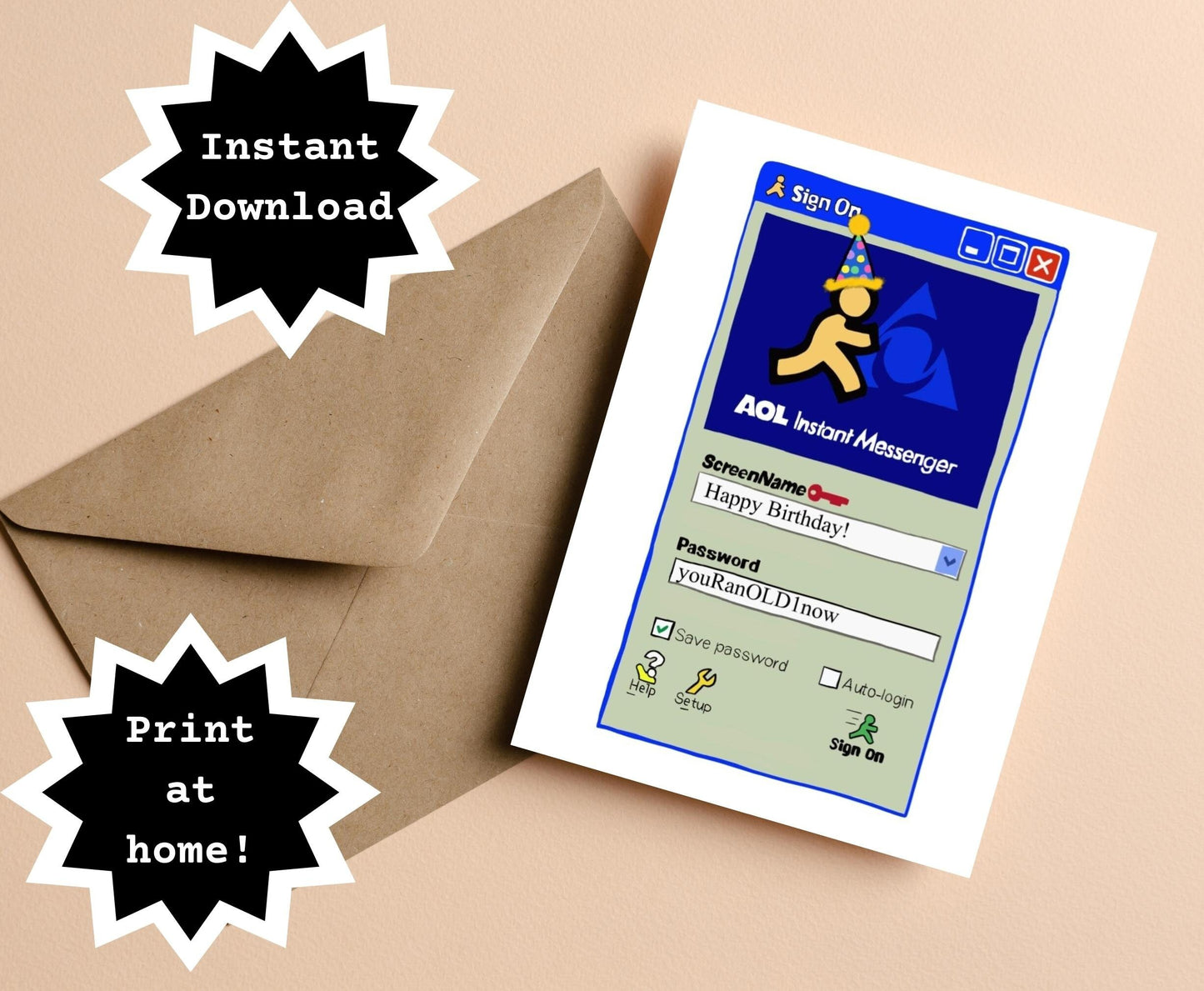 INSTANT Download! Print At Home! AOL AIM Nostalgia Funny Birthday Card