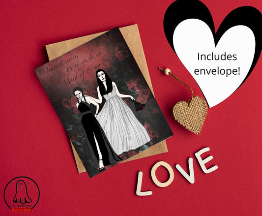 Gothic Horror Maid of Honor Sister Morticia & Wednesday Addams Wedding Proposal Card